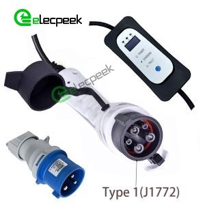 SAE J1772 AC 32A 250V Plug Single Phase Connector to CEE EV Plug Charger Mode 2 with 5 Meters Cable
